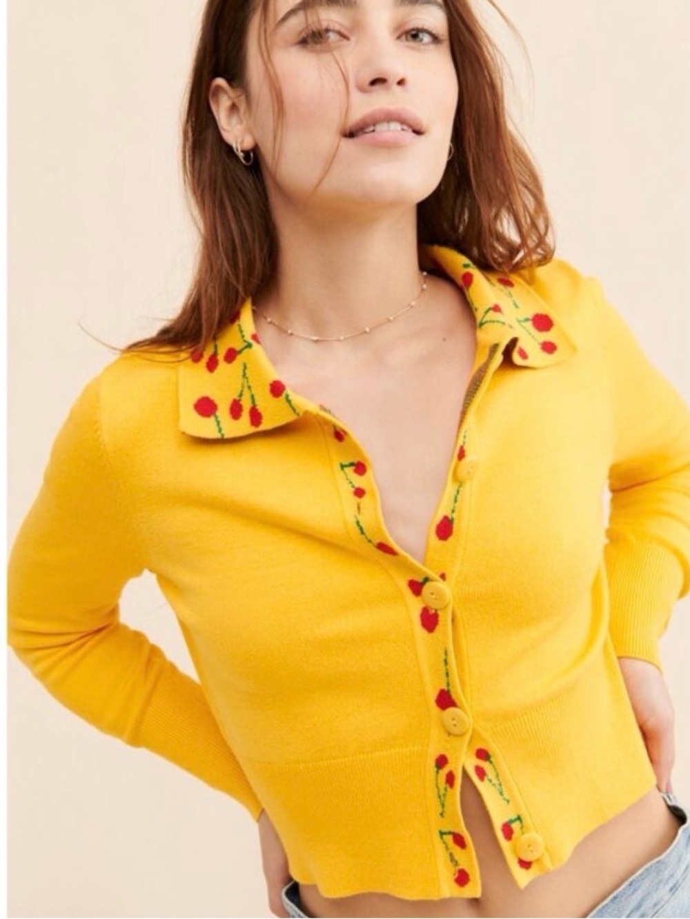 Nuuly x Lisa Says Gah ! Yellow Battenberg Cherry Cardigan cropped small / XS